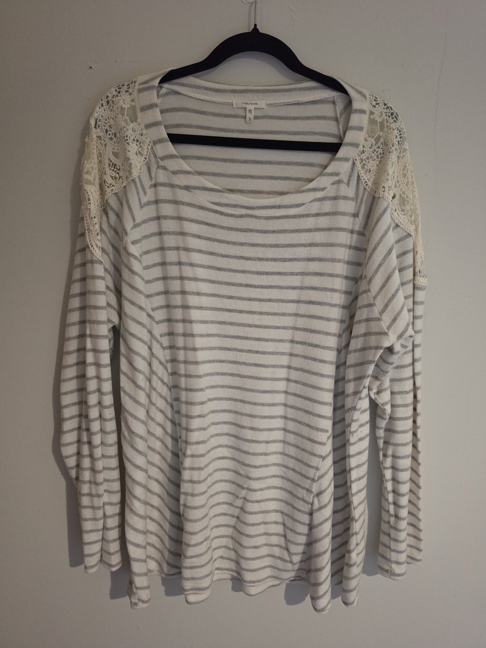 Maurices Cream & Light Gray Striped Lace-Shoulder Top